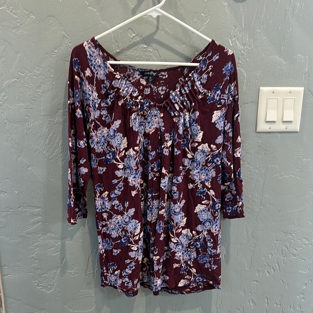 Lucky Brand Red and Blue Smocked 3/4 Sleeve Blouse
